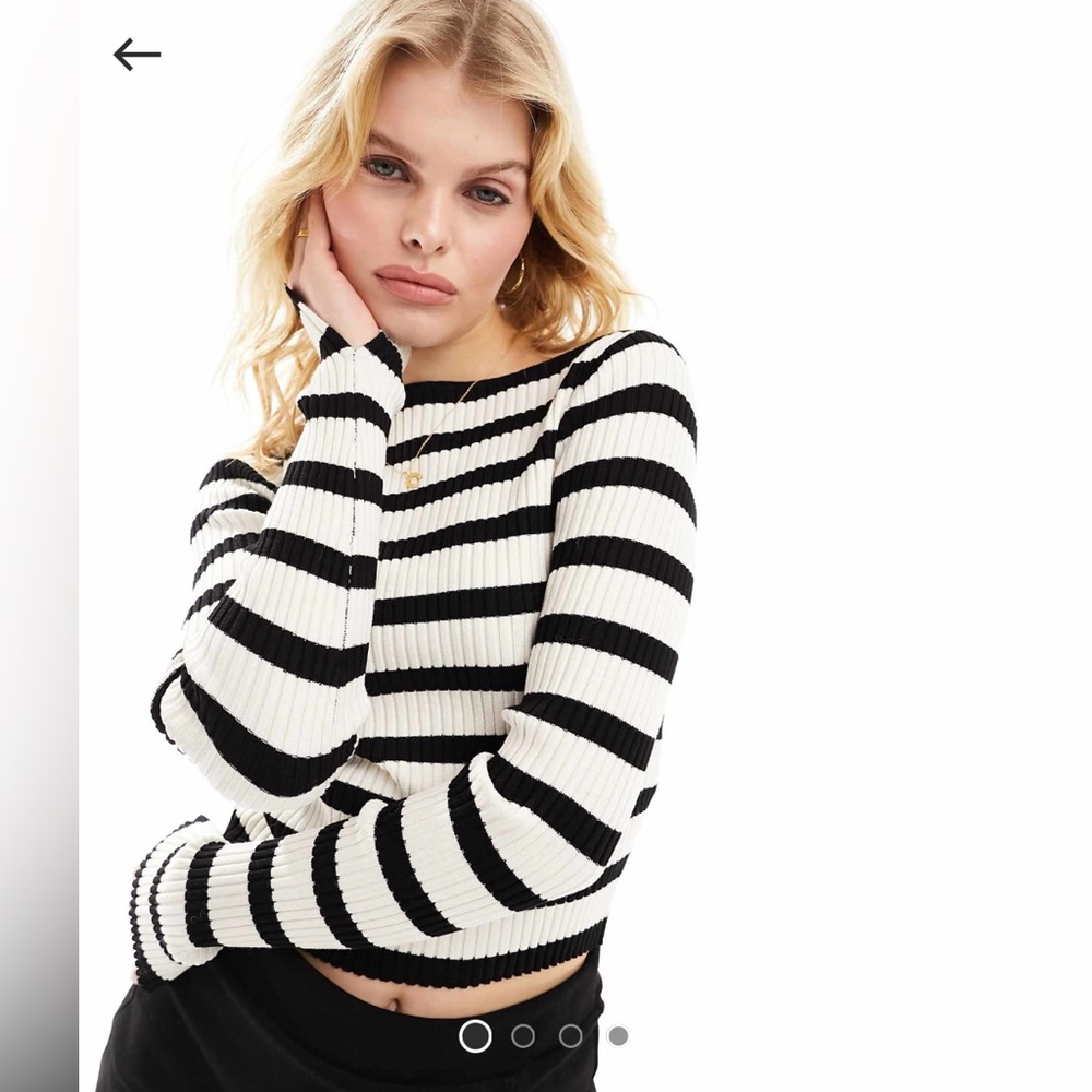 Bershka ribbed knit flared sleeve sweater in black & ecru stripe